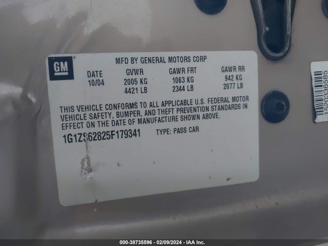 2005 CHEVROLET MALIBU MAXX VIN: 1G1ZS62825F179341