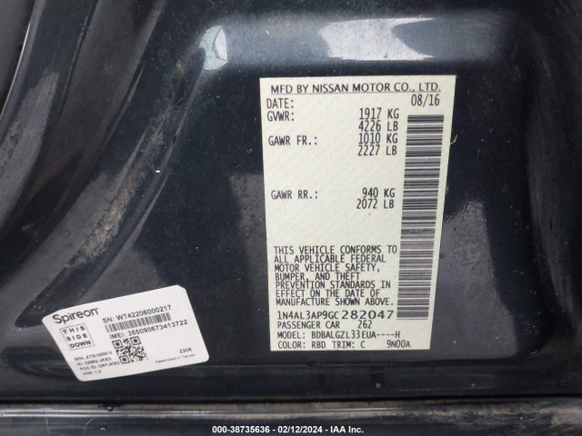 2016 NISSAN ALTIMA 2.5 S VIN: 1N4AL3AP9GC282047