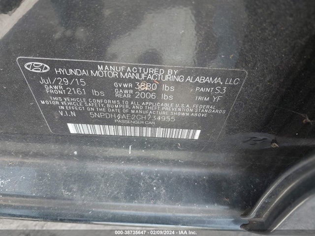 38735647 :رقم المزاد ، 5NPDH4AE2GH734955 vin ، 2016 Hyundai Elantra Se مزاد بيع