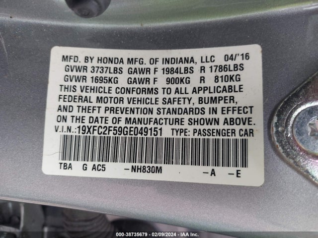 Honda Civic Lx 2016 19XFC2F59GE049151 Image 9