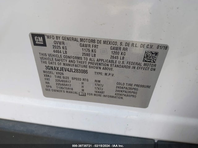 Chevrolet EQUINOX LT 2018 3GNAXJEV4JL283086 Image 9
