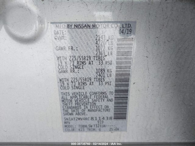 5N1AT2MV4KC811438 Nissan Rogue Sl