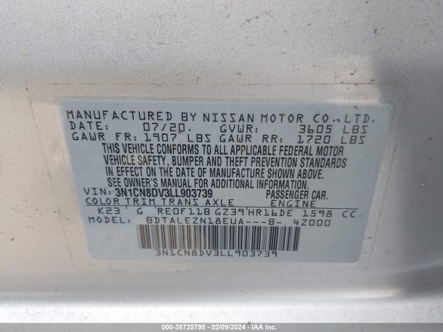 Nissan Versa S Xtronic Cvt 2020 3N1CN8DV3LL903739 Image 9