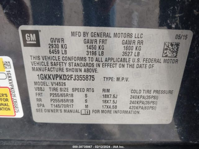 1GKKVPKD2FJ355875 GMC Acadia Sle-2