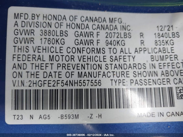 Honda Civic Sport 2022 2HGFE2F54NH557556 Image 9