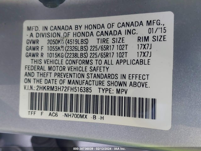 Honda Cr-v Ex-l 2015 2HKRM3H72FH516385 Image 9