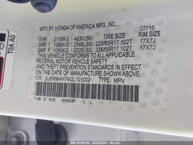 5J6RM4H74GL101002 Honda Cr-v Ex-l