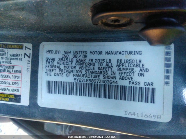 2007 PONTIAC VIBE VIN: 5Y2SL65897Z403644