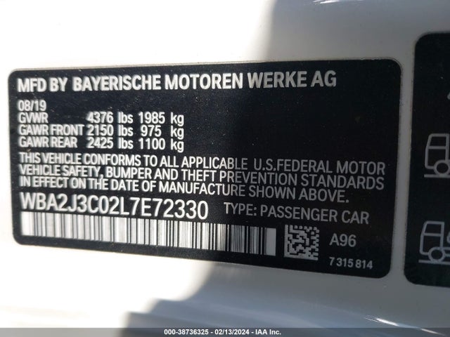 BMW 230i Xdrive 2020 WBA2J3C02L7E72330 Image 9