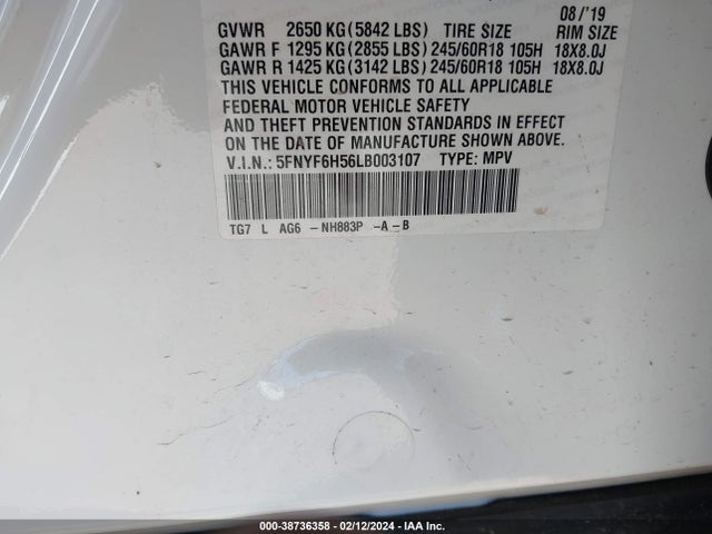 Honda Pilot Awd Ex-l 2020 5FNYF6H56LB003107 Image 9