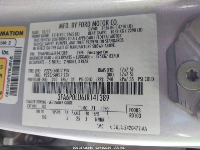 3FA6P0LU6JR141389 Ford Fusion Hybrid Se