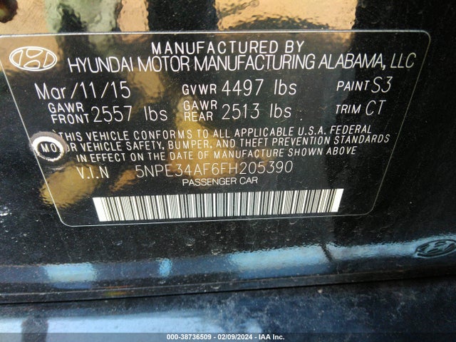 Aukcja sprzedaży 2015 Hyundai Sonata Limited, vin: 5NPE34AF6FH205390, numer aukcji: 38736509