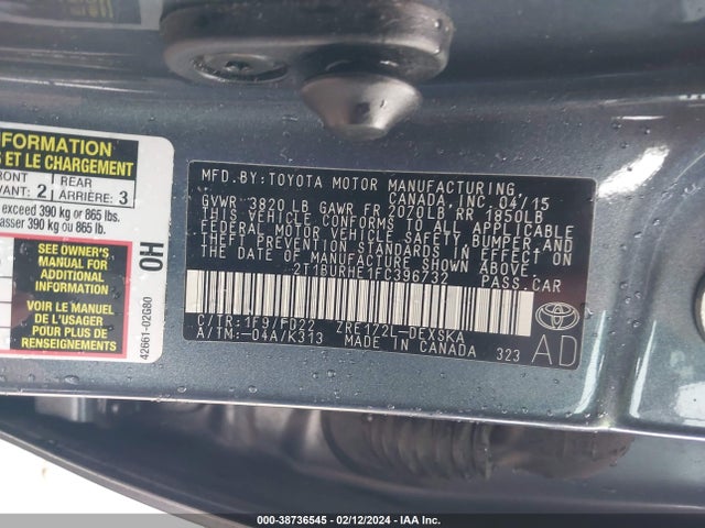 2015 TOYOTA COROLLA S PLUS VIN: 2T1BURHE1FC396732