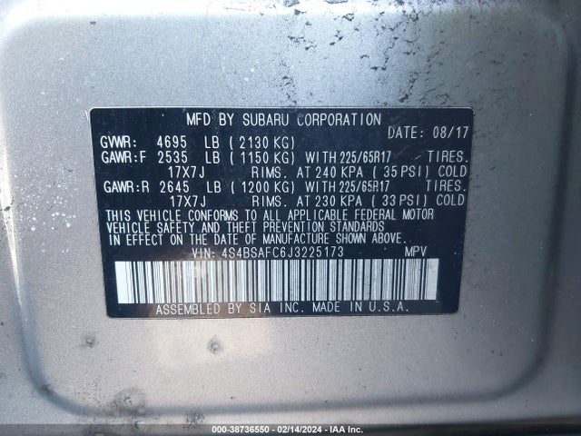 Subaru Outback 2.5i Premium 2018 4S4BSAFC6J3225173 Image 9