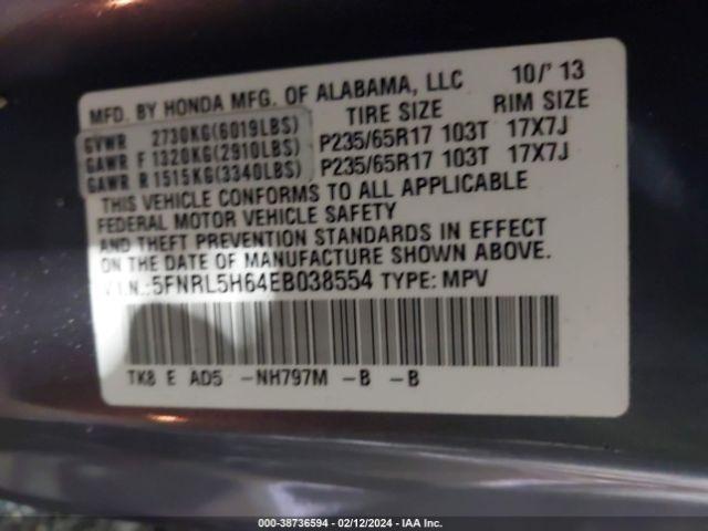 5FNRL5H64EB038554 Honda Odyssey Ex-l
