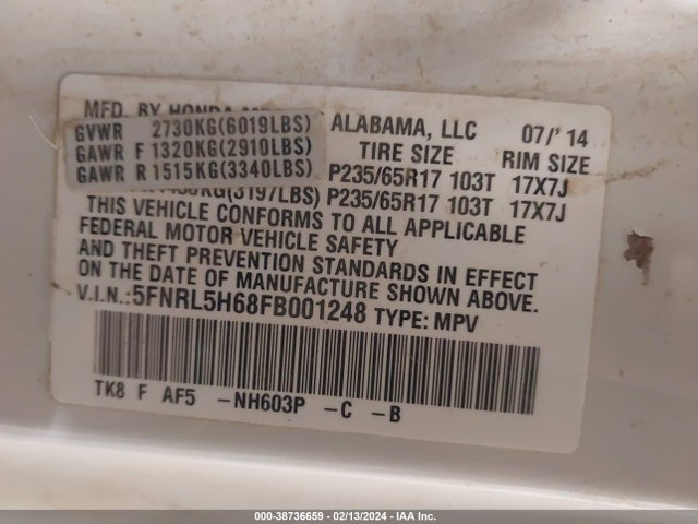 Honda Odyssey Ex-l 2015 5FNRL5H68FB001248 Image 9