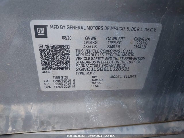 Chevrolet Trax Fwd Lt 2020 3GNCJLSB6LL320531 Image 9