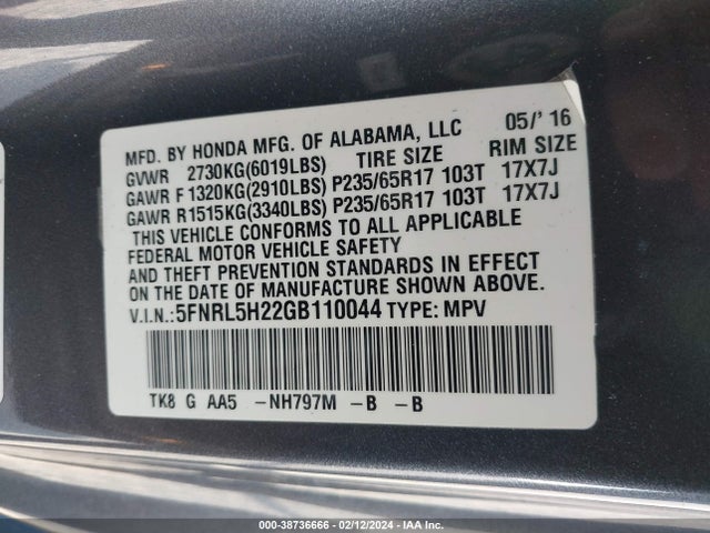 Honda ODYSSEY LX 2016 5FNRL5H22GB110044 Image 9