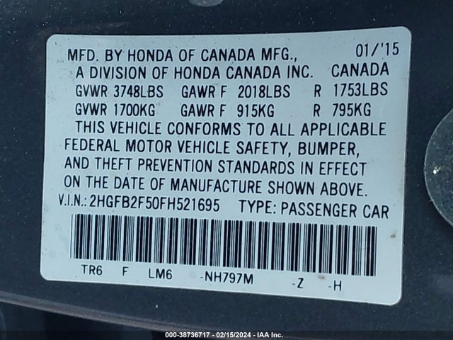 Honda Civic Lx 2015 2HGFB2F50FH521695 Image 9