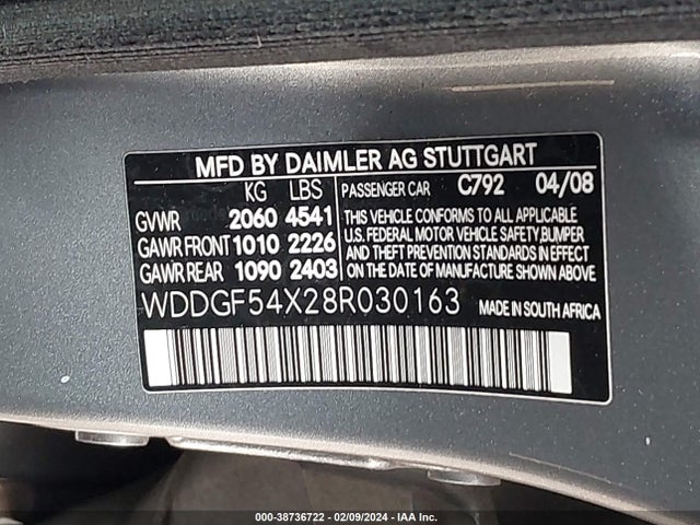 2008 MERCEDES-BENZ C 300 LUXURY/SPORT VIN: WDDGF54X28R030163
