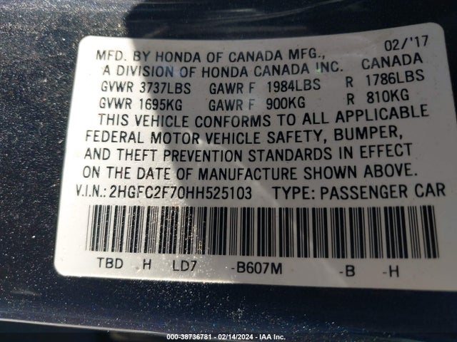 Honda CIVIC EX 2017 2HGFC2F70HH525103 Image 9