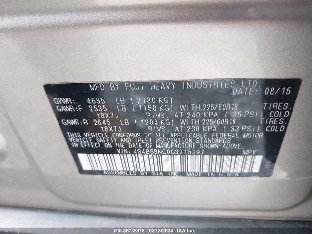 Subaru Outback 2.5i Limited 2016 4S4BSBNC0G3215397 Image 9