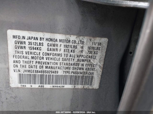 2009 HONDA FIT SPORT VIN: JHMGE88469S029489