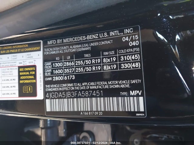 Mercedes-Benz ML 350 2015 4JGDA5JB3FA587451 Image 9