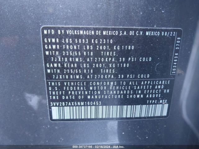 3VV2B7AX5NM160453 Volkswagen Tiguan 2.0t Se