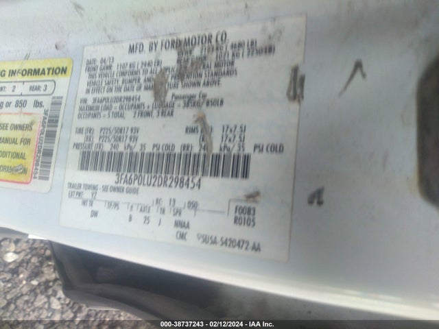 2013 FORD FUSION HYBRID SE VIN: 3FA6P0LU2DR298454