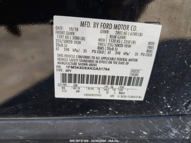 Ford EXPLORER XLT 2019 1FM5K8D8XKGA51784 Image 9