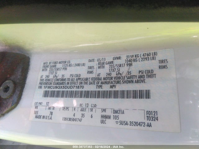 2013 FORD ESCAPE SE VIN: 1FMCU9GX5DUD71870