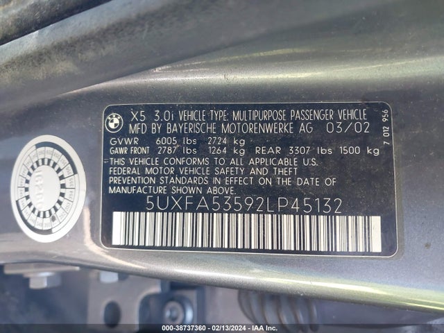 2002 BMW X5 3.0I VIN: 5UXFA53592LP45132