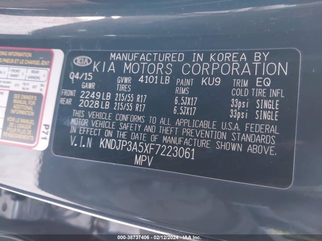 KIA SOUL + 2015 KNDJP3A5XF7223061 Image 9