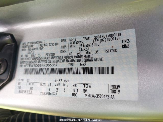 1FTEW1CG8FKD55367 Ford F-150 Xlt