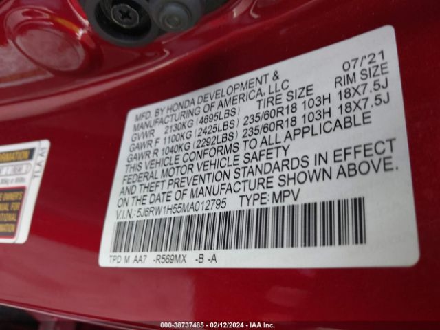 5J6RW1H55MA012795 Honda Cr-v 2wd Ex