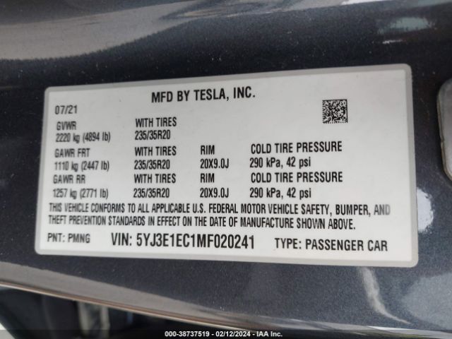 5YJ3E1EC1MF020241 Tesla Model 3 Performance Dual Motor All-wheel Drive