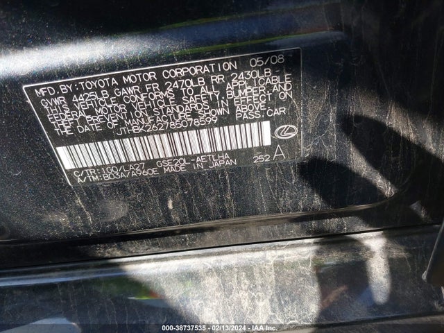 38737535 :رقم المزاد ، JTHBK262785078599 vin ، 2008 Lexus Is 250 مزاد بيع