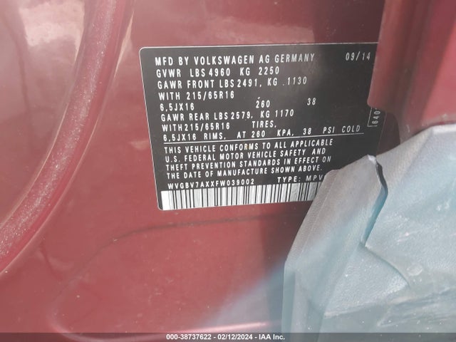 WVGBV7AXXFW039002 Volkswagen TIGUAN S