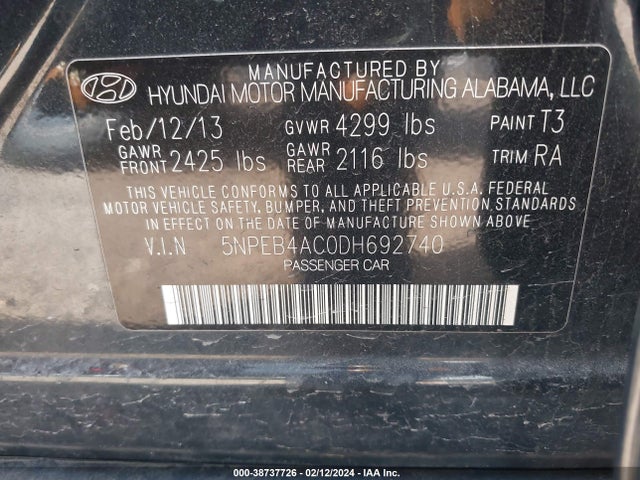 2013 HYUNDAI SONATA GLS VIN: 5NPEB4AC0DH692740