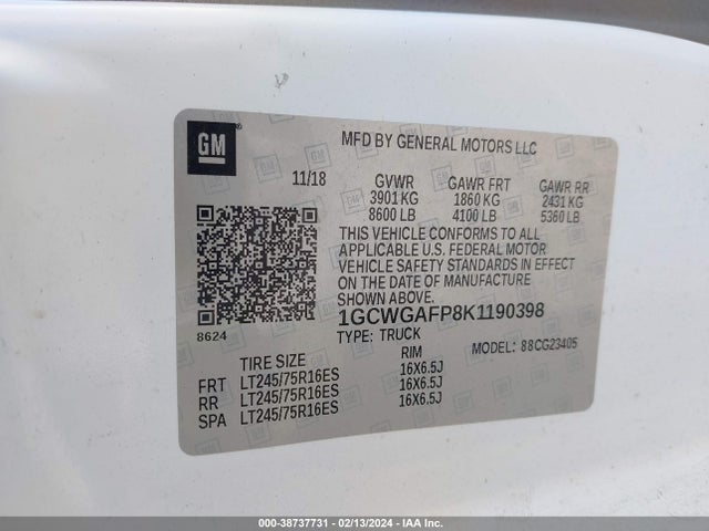 Chevrolet Express 2500 Work Van 2019 1GCWGAFP8K1190398 Image 9