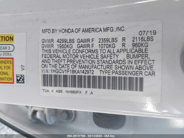 Honda ACCORD LX 2019 1HGCV1F18KA142972 Image 9