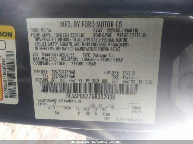Ford FUSION SE 2016 3FA6P0H77GR332038 Image 9