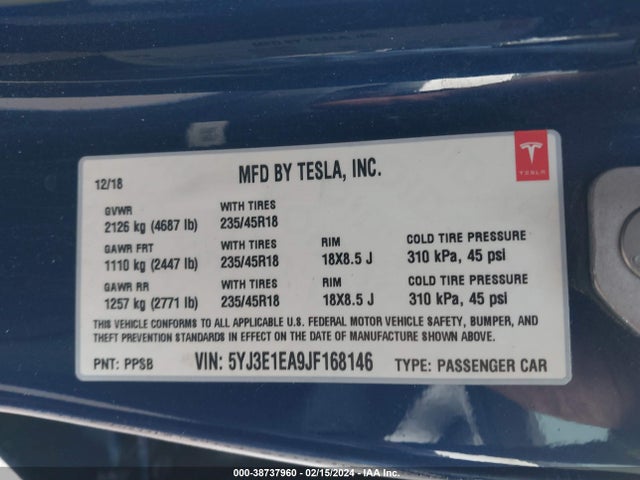 Tesla MODEL 3 2018 5YJ3E1EA9JF168146 Image 9