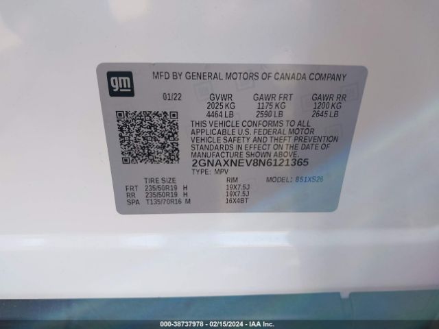 2GNAXNEV8N6121365 Chevrolet Equinox Fwd Premier