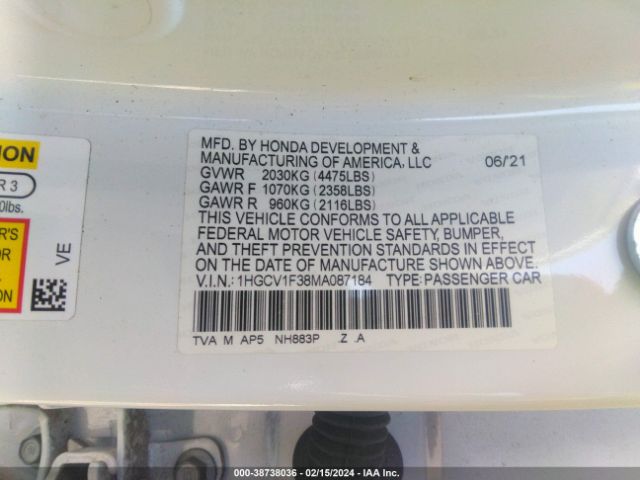 1HGCV1F38MA087184 Honda Accord Sport