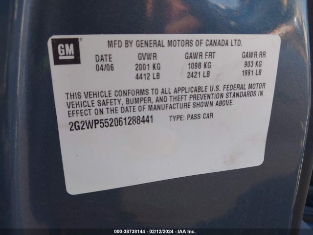2006 PONTIAC GRAND PRIX VIN: 2G2WP552061288441