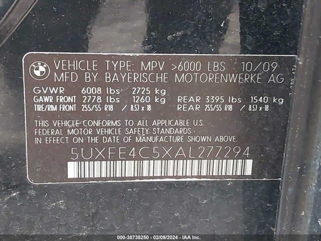 2010 BMW X5 XDRIVE30I VIN: 5UXFE4C5XAL277294