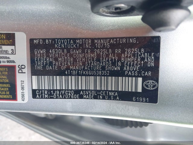 Toyota CAMRY LE 2016 4T1BF1FK6GU538352 Image 9