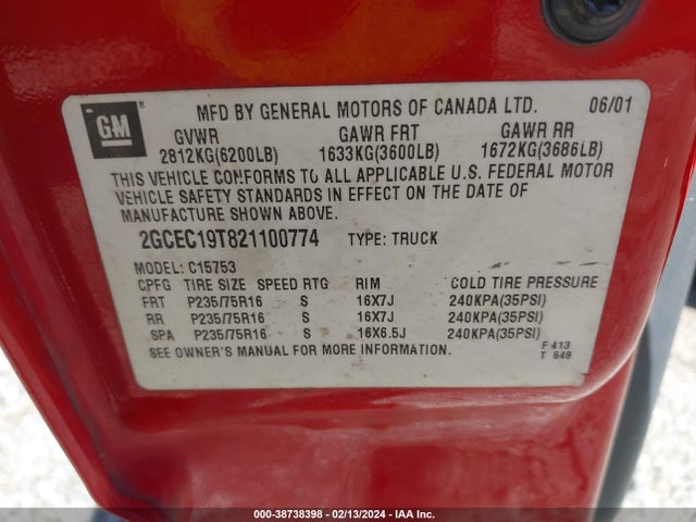 2002 CHEVROLET SILVERADO 1500 LS VIN: 2GCEC19T821100774